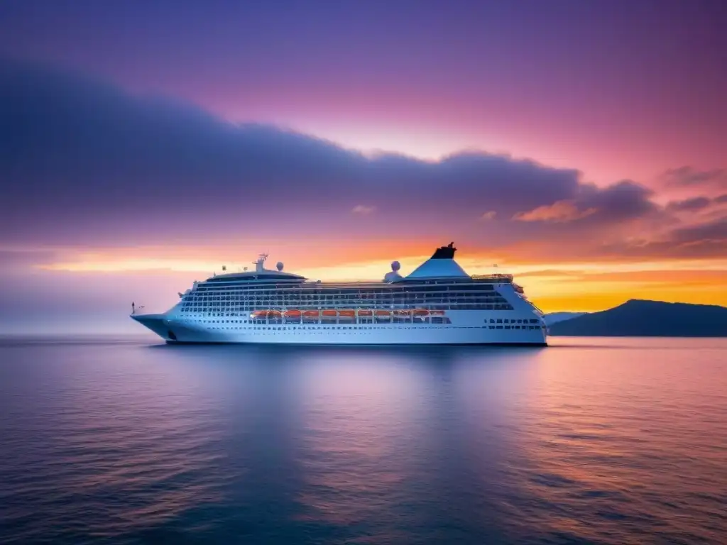 Un crucero navegando en aguas tranquilas al atardecer, con un cielo naranja y rosa reflejándose en el mar, creando una atmósfera serena y idílica