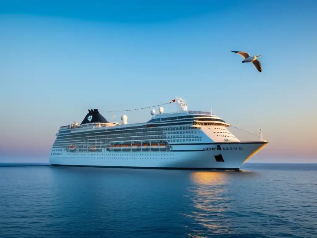 Un crucero navegando en aguas tranquilas al atardecer, con gaviotas en vuelo