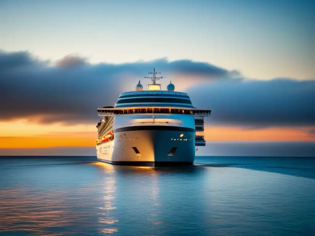 Un crucero navegando en aguas tranquilas al atardecer, reflejando la belleza y tranquilidad de un viaje en crucero con medidas seguridad