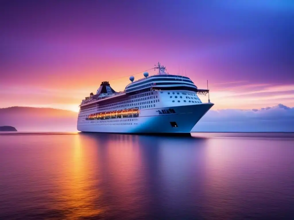 Un crucero navegando en aguas tranquilas durante un atardecer impresionante, resaltando los beneficios de la desconexión para la salud mental