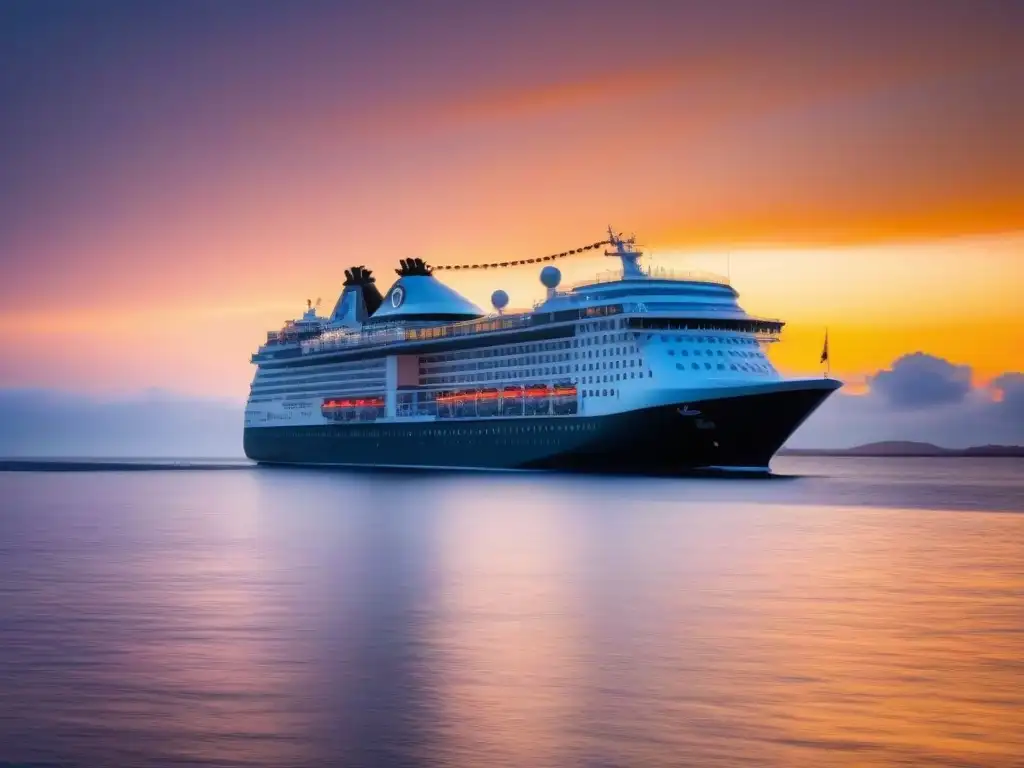 Un crucero navegando en aguas tranquilas al atardecer, resaltando los beneficios educativos del turismo marítimo