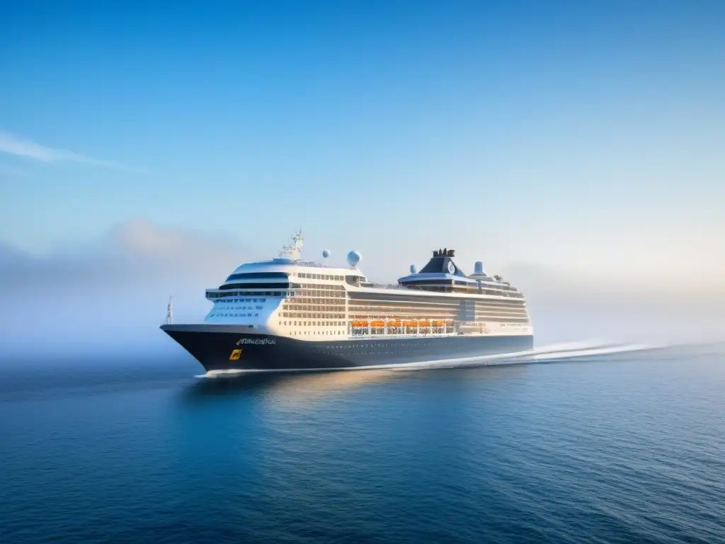 Un crucero navegando en aguas tranquilas con la bandera mostrando un sutil símbolo de cruz blanca, ideal para 'Seguro de salud internacional cruceros'