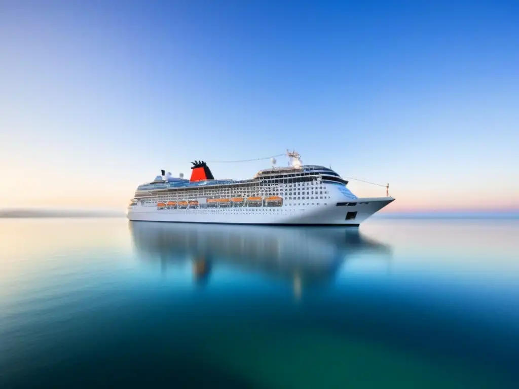 Un crucero navegando en aguas tranquilas bajo un cielo azul, con gaviotas volando y transmitiendo serenidad