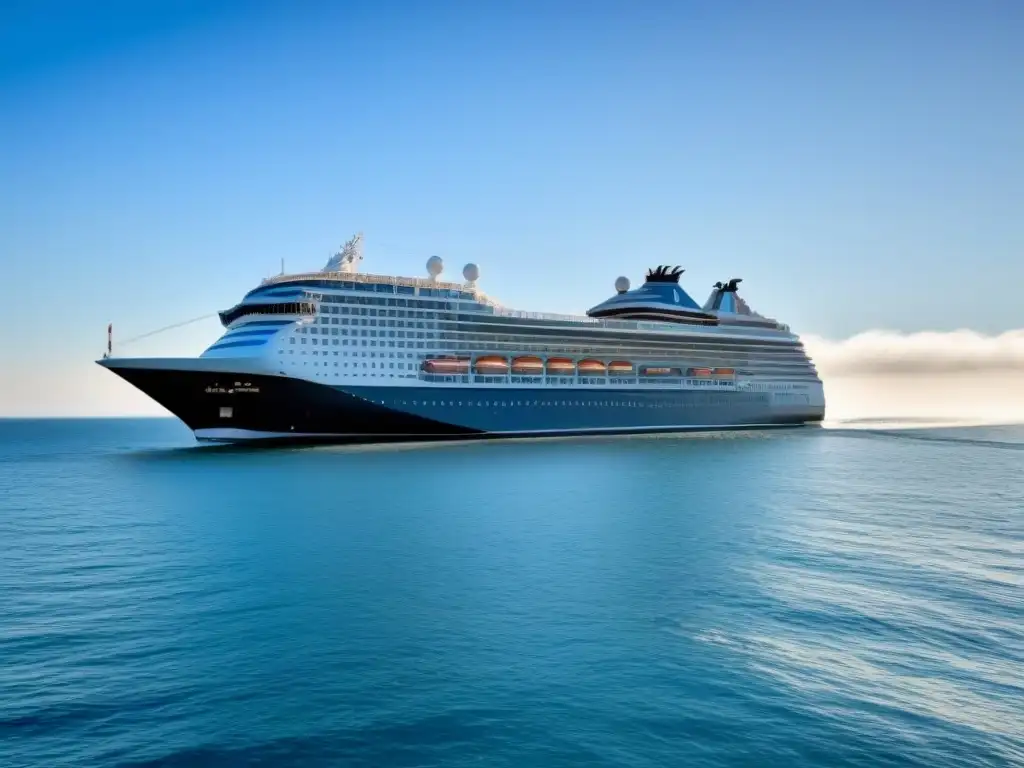 Un crucero navegando serenamente en aguas tranquilas, bajo un cielo azul claro, transmitiendo paz y relajación