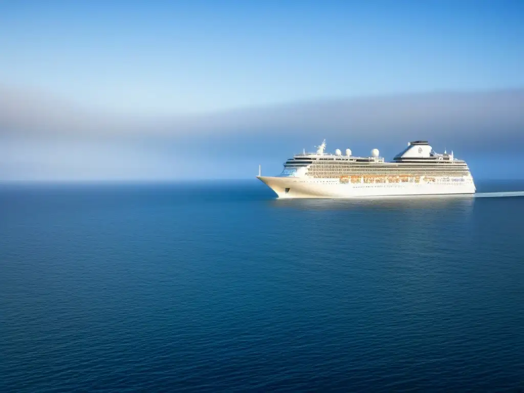 Un crucero navegando en aguas tranquilas bajo un cielo azul claro, transmitiendo tranquilidad y lujo