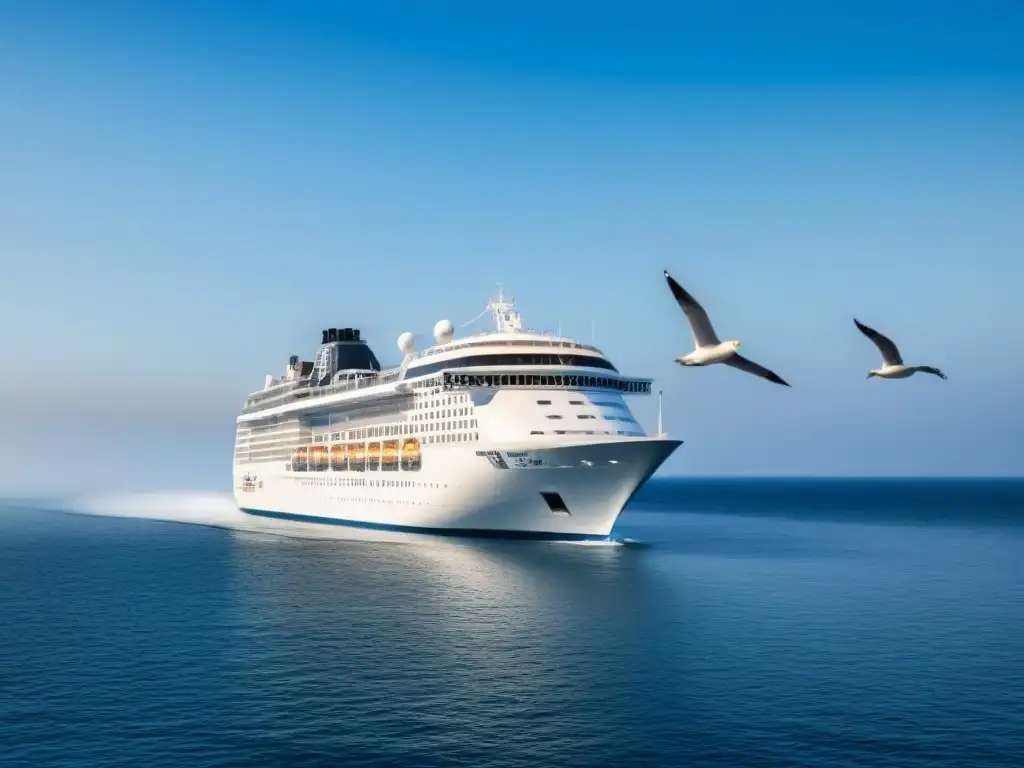 Un crucero navegando en aguas tranquilas bajo un cielo azul, con gaviotas y reflejos, ideal para el seguro de crucero para viajeros