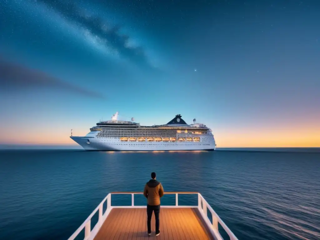 Un crucero navega en aguas tranquilas bajo un cielo estrellado, con una figura solitaria en cubierta