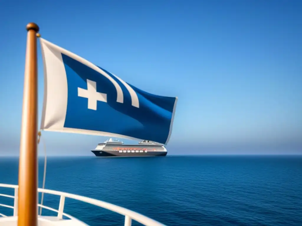 Un crucero en aguas tranquilas y cielo azul, con la bandera mostrando un símbolo de cruz médica