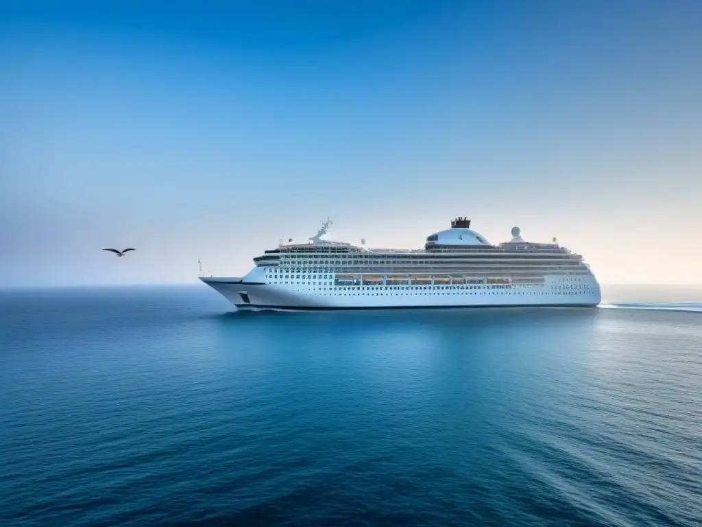 Un crucero navegando en aguas tranquilas bajo un cielo azul, con una gaviota en vuelo