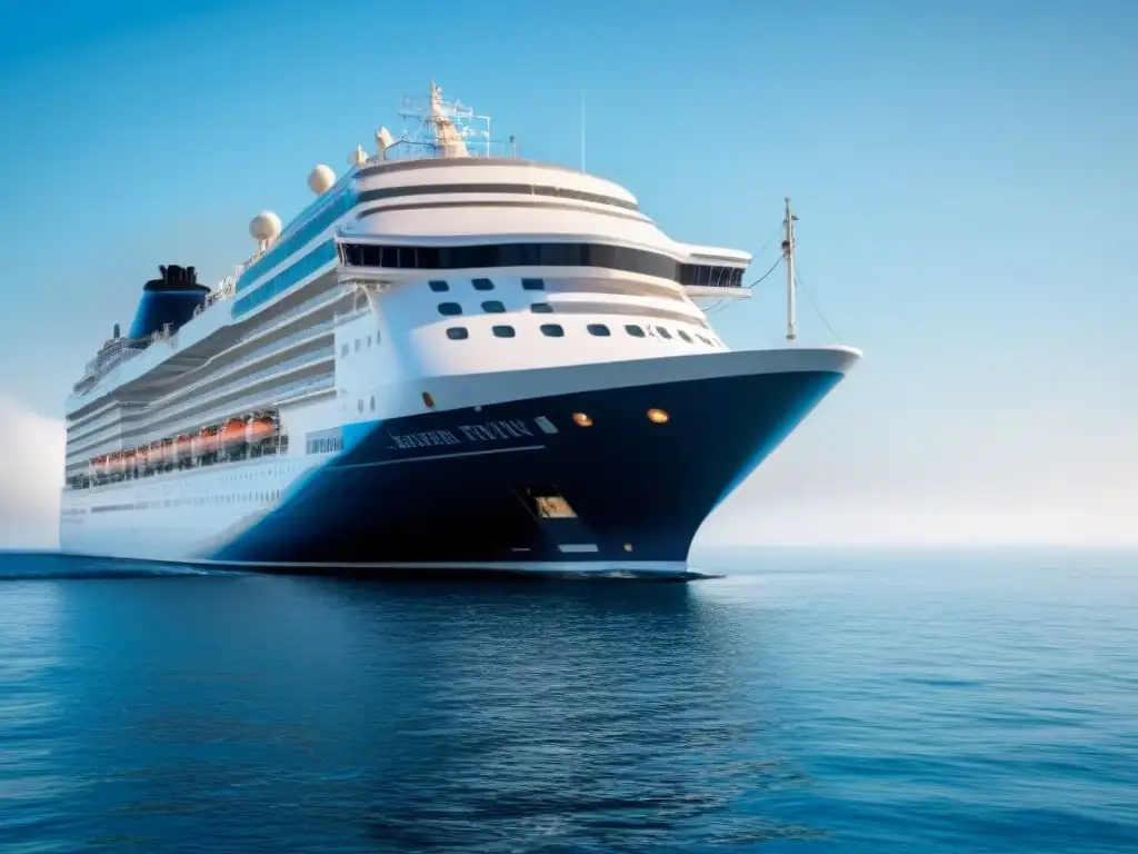 Un crucero navegando serenamente en aguas tranquilas, bajo un cielo azul, rodeado de gaviotas