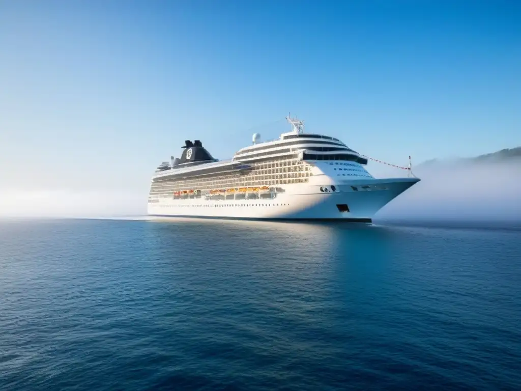 Un crucero navegando en aguas tranquilas bajo un cielo azul, con un sutil documento de seguro flotando arriba