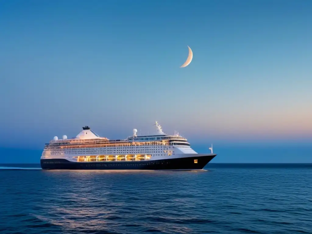 Un crucero navegando en aguas tranquilas bajo un cielo estrellado y luna creciente