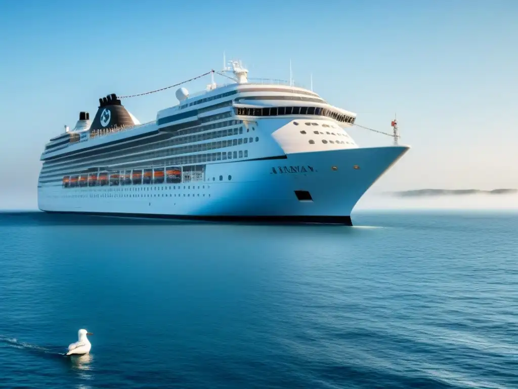 Un crucero navegando en aguas tranquilas bajo un cielo azul, transmitiendo tranquilidad y sostenibilidad en los viajes marítimos