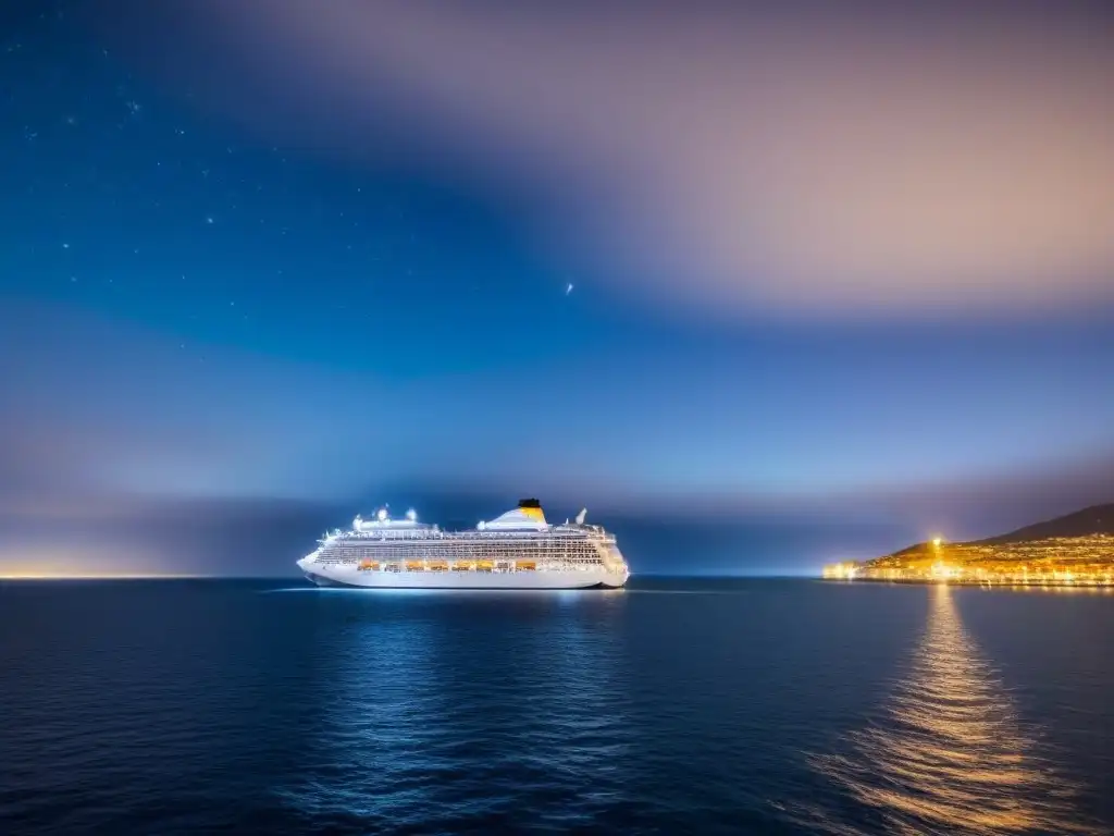 Un crucero navegando en aguas tranquilas bajo un cielo estrellado, con luces de ciudad reflejándose en el mar