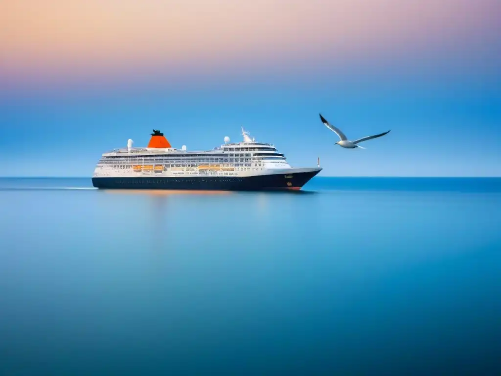 Un crucero navegando en aguas tranquilas bajo un cielo azul, con gaviotas y el reflejo del barco