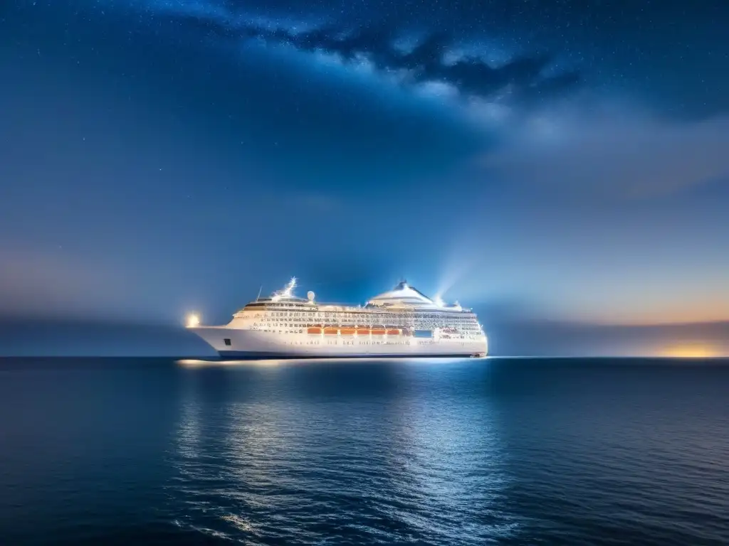 Un crucero navegando en aguas tranquilas bajo un cielo estrellado, simbolizando la desconexión y beneficios para la salud mental