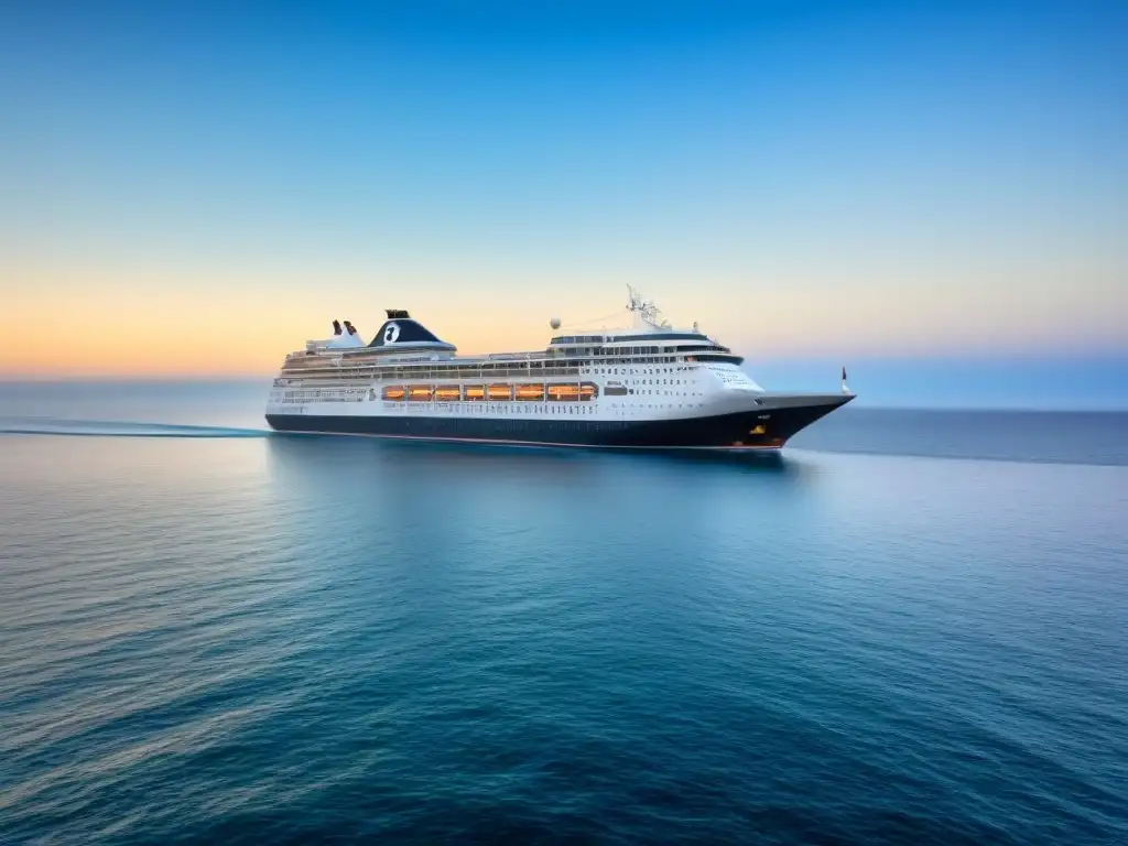 Un crucero navegando en aguas tranquilas bajo un cielo azul, con gaviotas y tierra a lo lejos