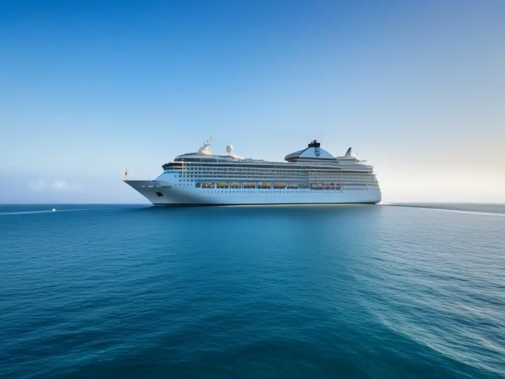 Un crucero navegando en aguas tranquilas bajo un cielo azul, con gaviotas y una isla tropical en el horizonte