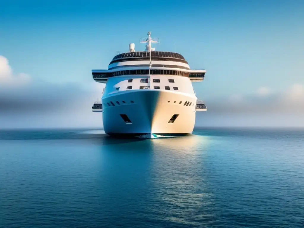 Crucero seguro y elegante en aguas tranquilas Un crucero navegando en aguas tranquilas con medidas de salud y seguridad integradas sutilmente
