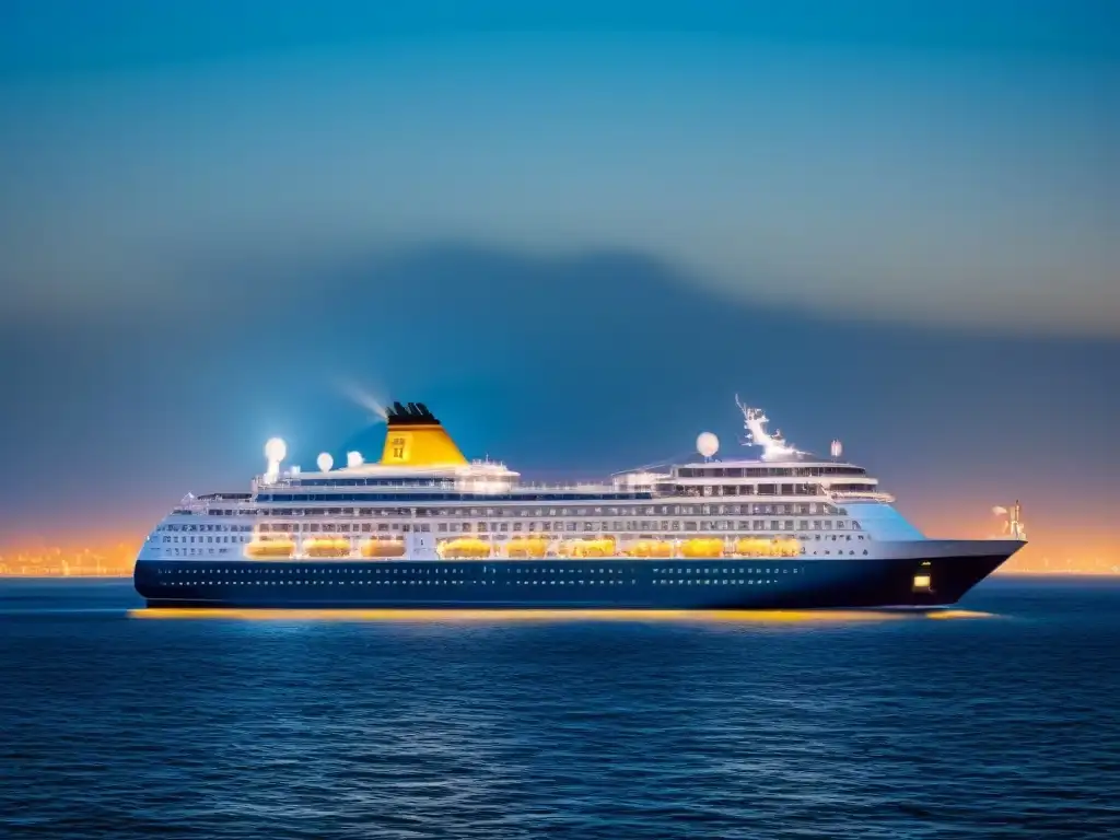 Un crucero navega en aguas tranquilas con la silueta de una ciudad al fondo, representando el impacto económico del turismo de cruceros