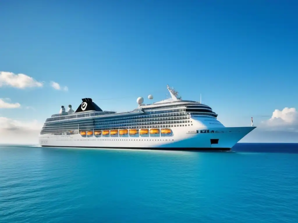 Un crucero navegando en aguas turquesa, cielo azul y nubes blancas