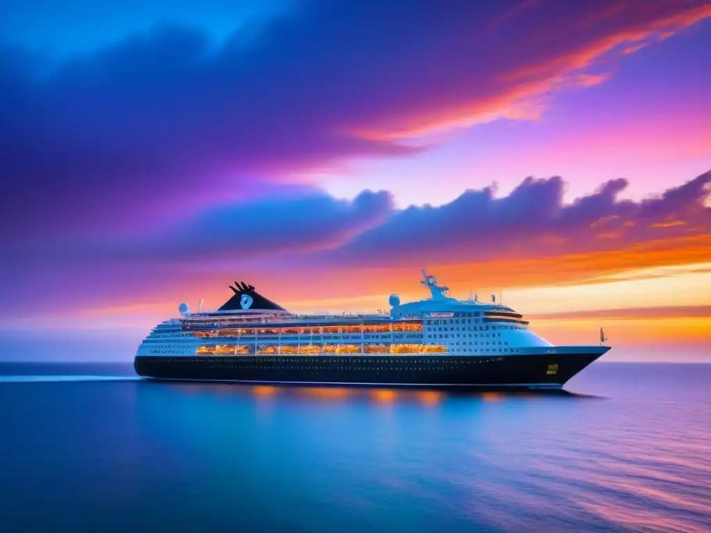 Un crucero navega en aguas turquesas al atardecer, transmitiendo tranquilidad y lujo