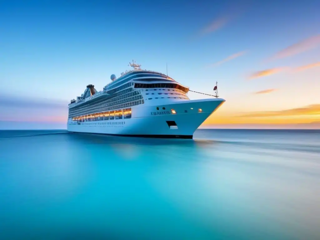 Un crucero navegando en aguas turquesas al atardecer, simbolizando lujo y reciclaje completo en cruceros