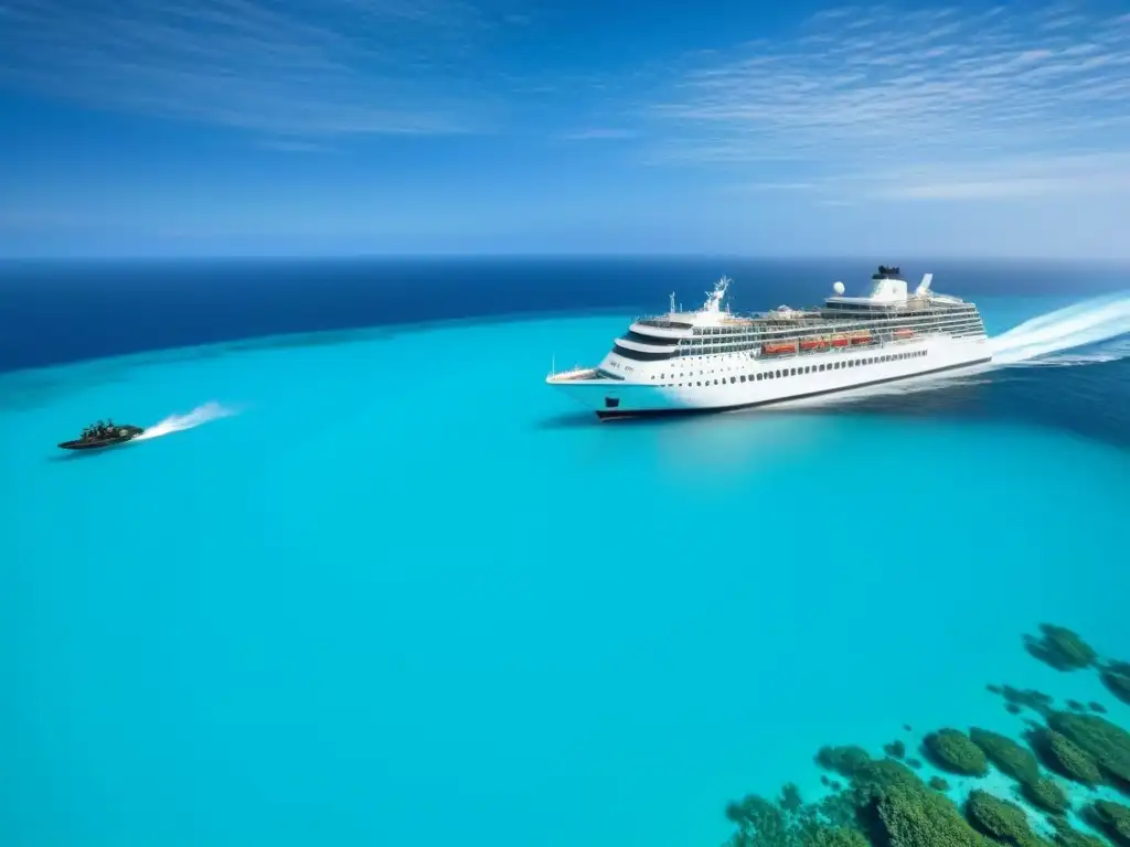 Un crucero surcando aguas turquesas mientras buzos realizan limpieza oceánica, simbolizando la conservación marina