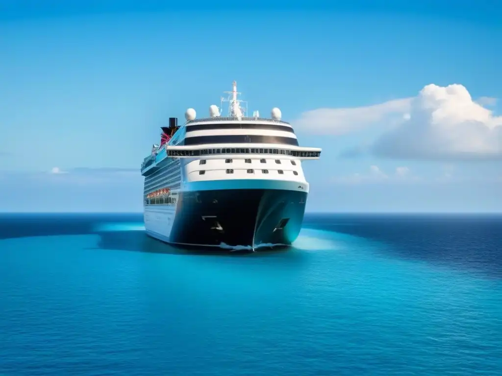 Un crucero navegando en aguas turquesas, cielo azul y nubes blancas