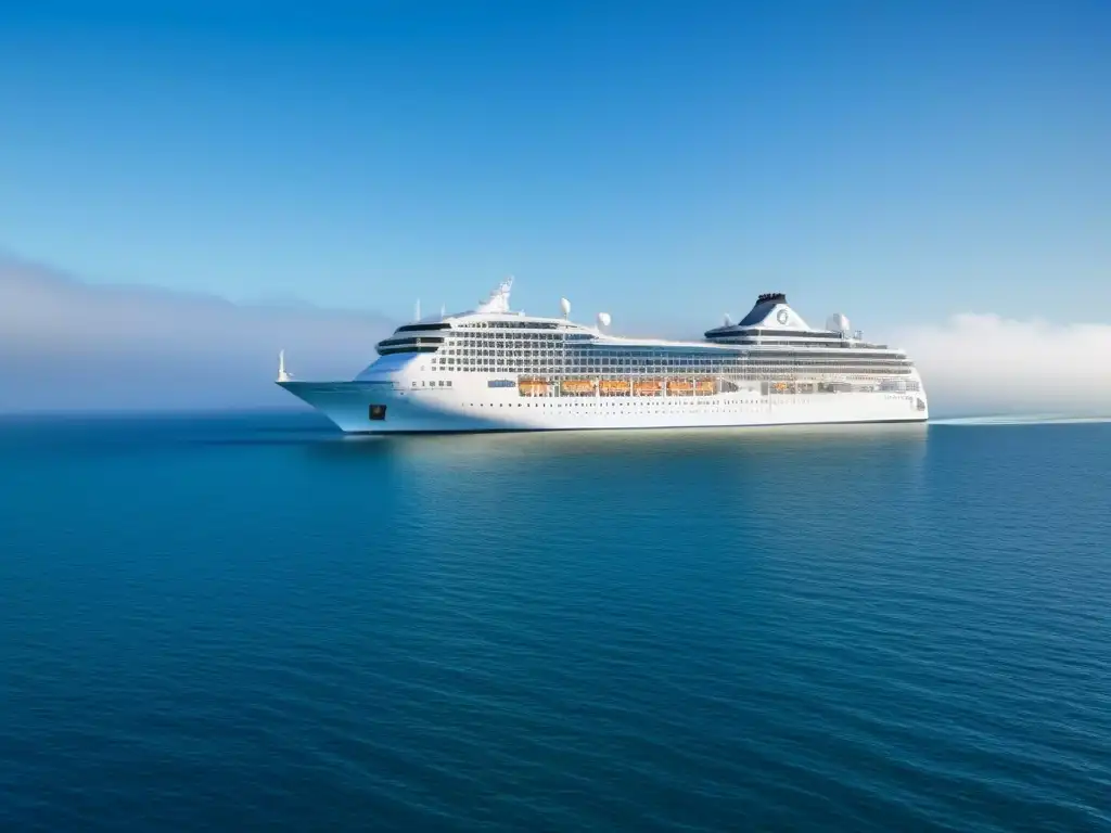 Un crucero navega elegantemente en aguas turquesas bajo un cielo azul, reflejando tranquilidad y lujo