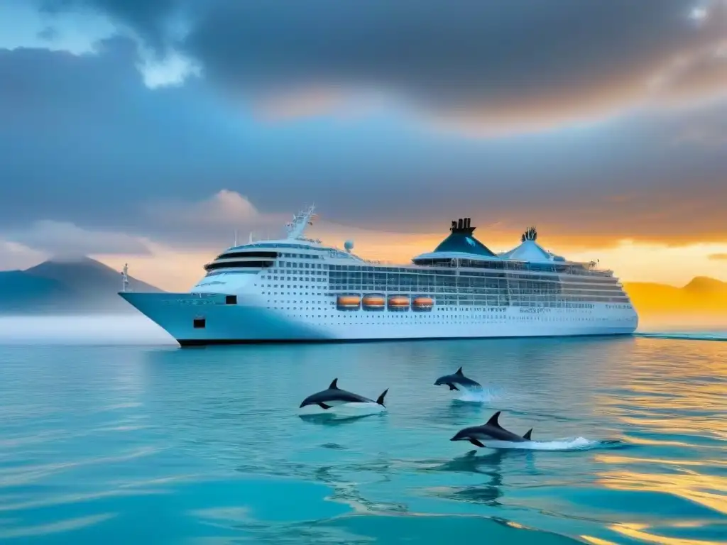 Un crucero en aguas turquesas con delfines, en un atardecer dorado