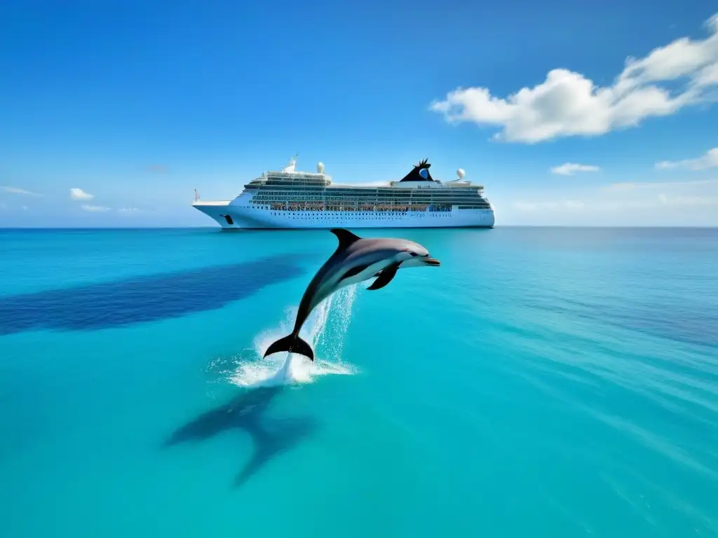 Un crucero navegando en aguas turquesas con delfines saltando