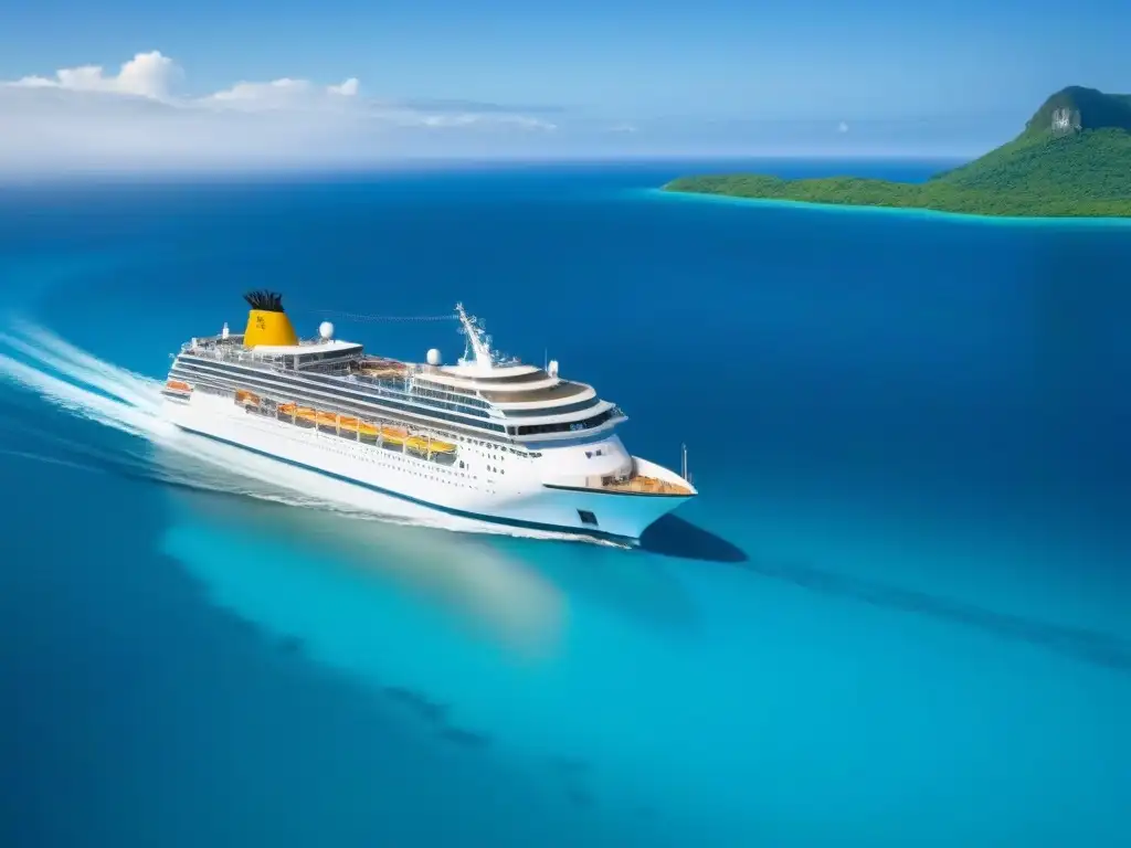 Un crucero navegando en aguas turquesas con islas verdes y cielo azul