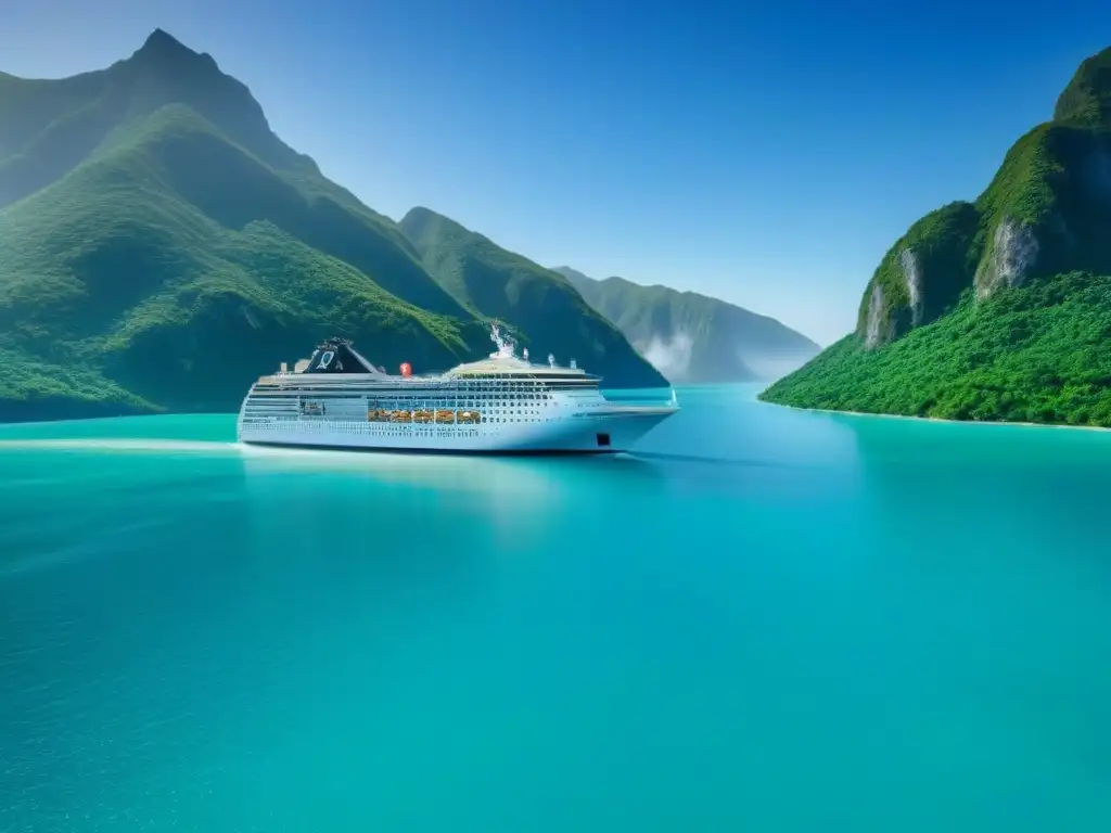 Un crucero navegando en aguas turquesas con montañas verdes al fondo, destacando su diseño elegante y certificaciones ambientales para cruceros