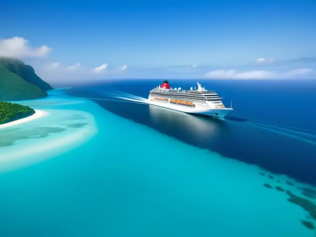 Un crucero eco surca aguas turquesas rodeado de islas verdes, ejemplificando el turismo marítimo sostenible