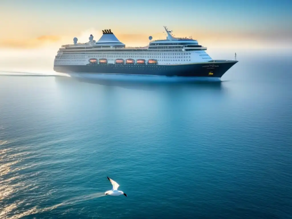 Crucero sostenible en aguas cristalinas Un crucero en alta mar, aguas cristalinas reflejan la luz del sol, gaviotas y una sutil estela de humo
