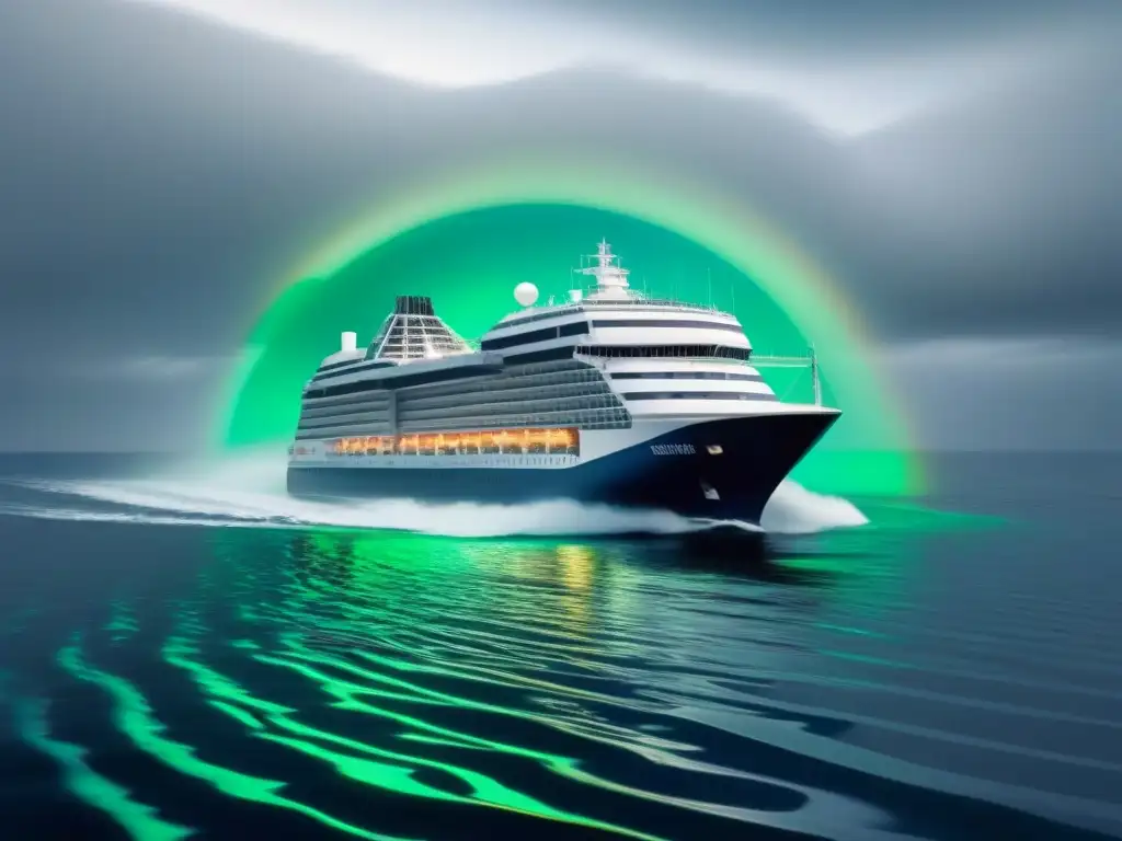 Un crucero de alta tecnología surcando olas digitales, simbolizando innovaciones tecnológicas en cruceros