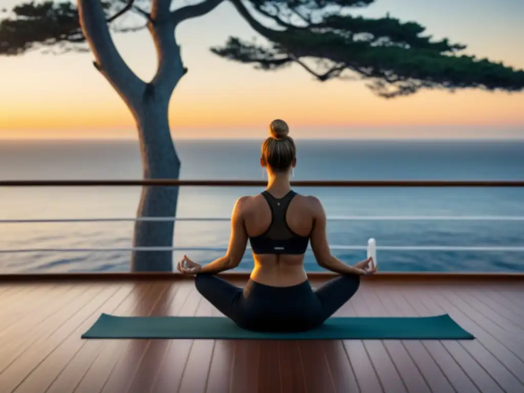 Person practicing yoga en crucero al amanecer sobre el mar, en equilibrio y paz