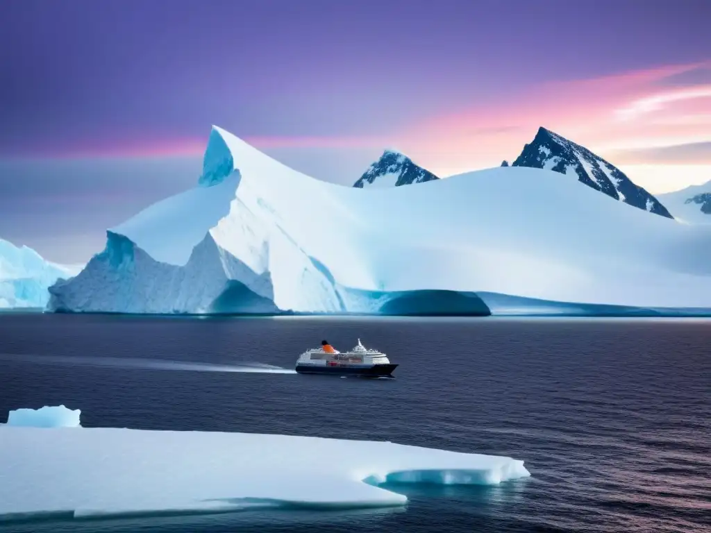 Un crucero de expedición en Antártida, con un oso polar en un iceberg, bajo cielo rosa y morado