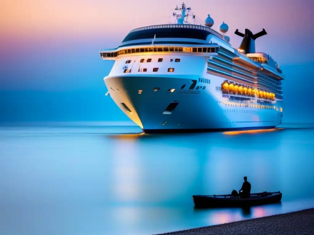 Un crucero al atardecer, reflejando en el agua tranquila, con un bote salvavidas: preparación de emergencia en cruceros