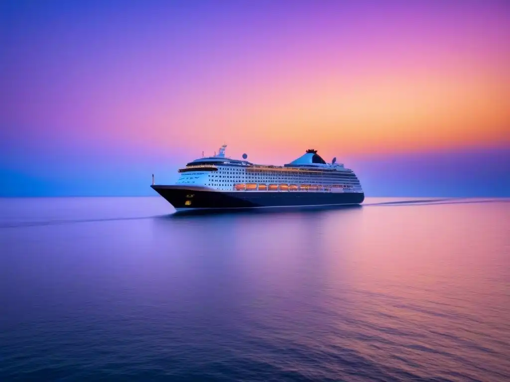 Un crucero navegando al atardecer en aguas tranquilas, con cielo en tonos pastel