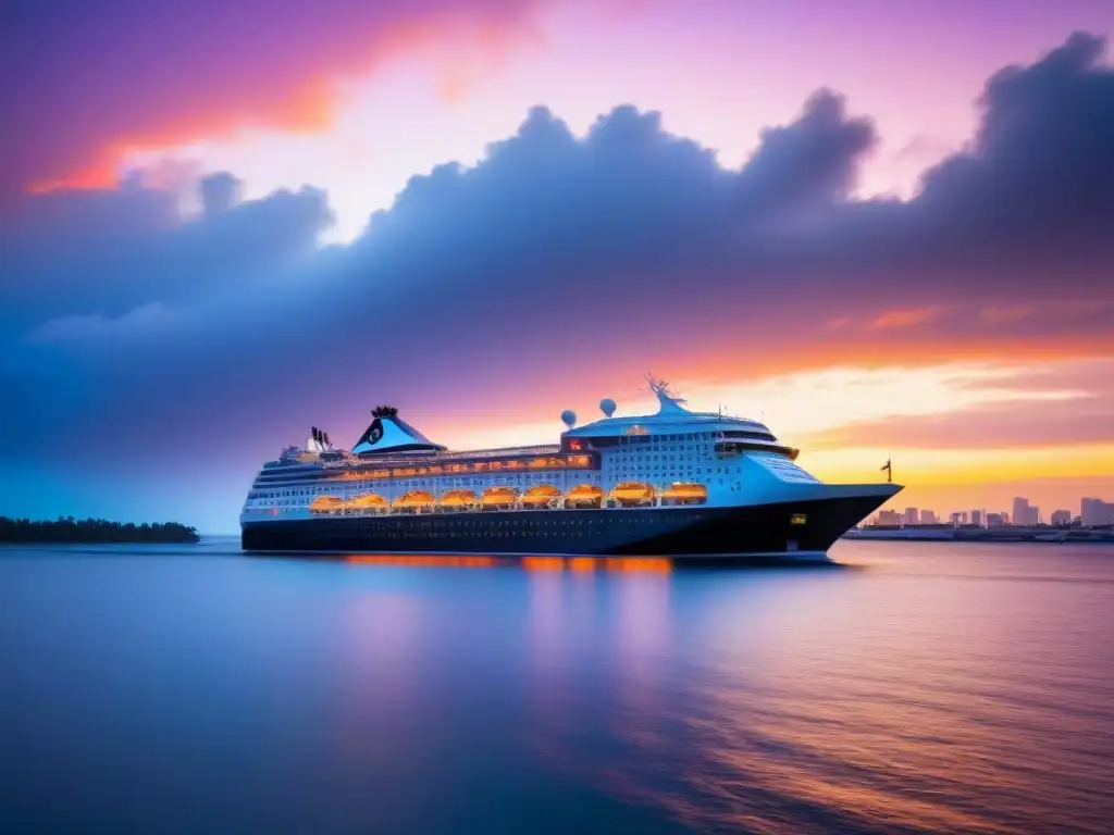 Un crucero navegando al atardecer en aguas tranquilas, reflejando tonos naranjas y rosados