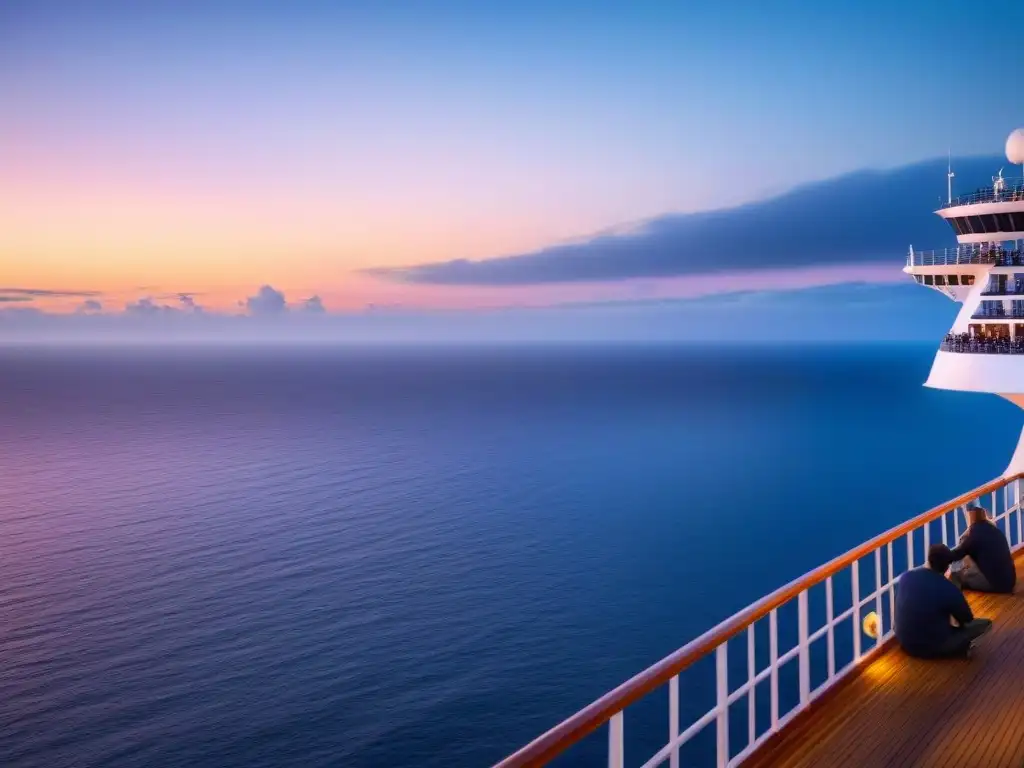 Un crucero al atardecer con clases de música en cruceros, pasajeros disfrutando de la música en cubierta, en un ambiente sereno y elegante