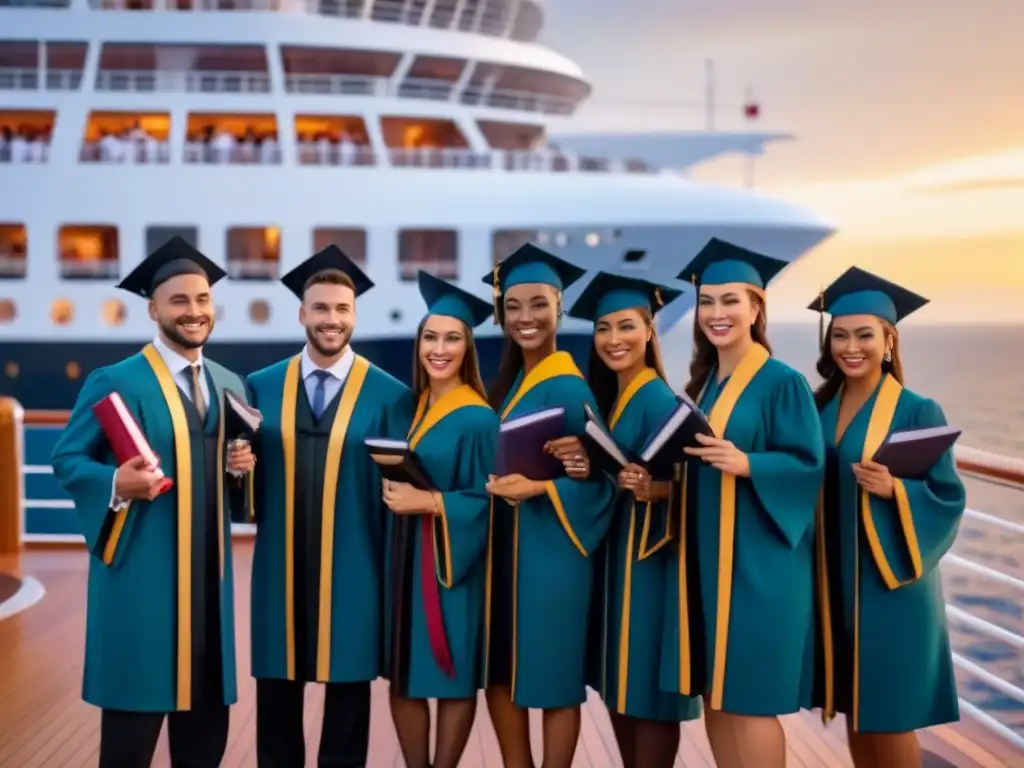 Graduación en crucero al atardecer, con estudiantes felices y diplomas, reflejando logros y celebración