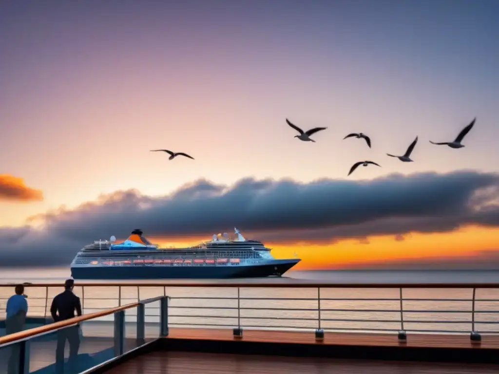 Graduación en crucero al atardecer: gorros al aire y gaviotas vuelan