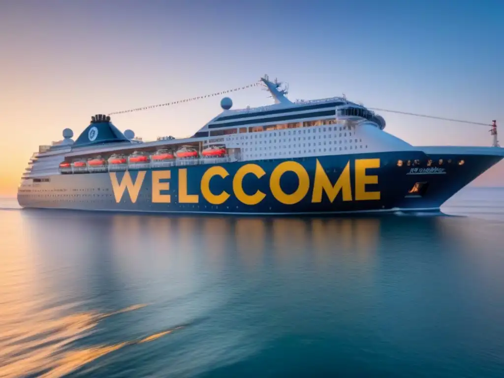 Un crucero navegando al atardecer con un letrero multilingüe 'Bienvenidos a bordo'