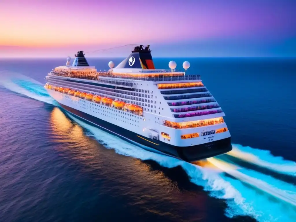 Un crucero navegando al atardecer, iluminando el mar con luces cálidas