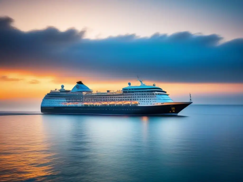 Un crucero navegando suavemente al atardecer en un mar tranquilo, con tonos cálidos que reflejan paz y lujo