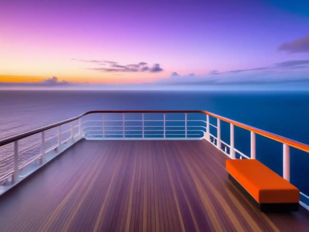 Un crucero al atardecer, con el océano tranquilo y un cielo anaranjado, rosa y morado