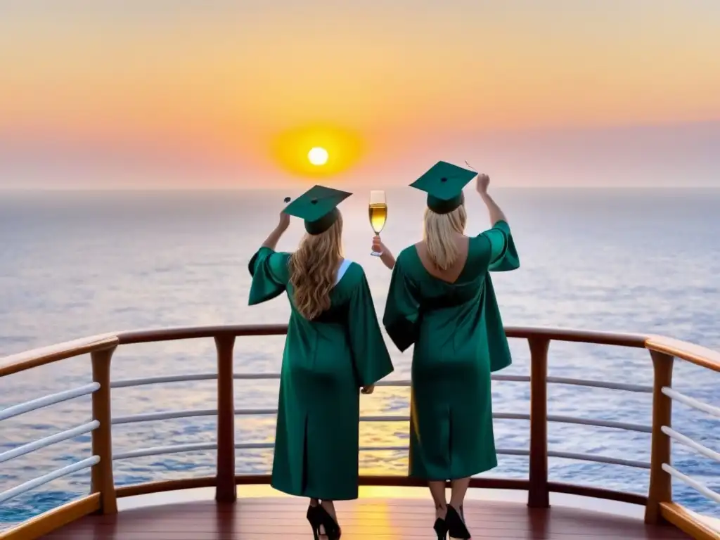 Graduación en crucero: Atardecer sereno en alta mar, graduados brindando felices con toga y birrete